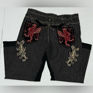 Vintage Clench Jeans Dragon Embroidery 42x32 Baggy Affliction Y2k 90s Wings Goth